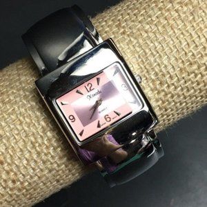 Xanadu Hinged Cuff Watch As Is Barbie Silver Pink Rectangular Quartz Bangle